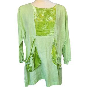 Dear Friends Boho Linen Top Vintage Women's Sz Medium Burnt Velvet Accents